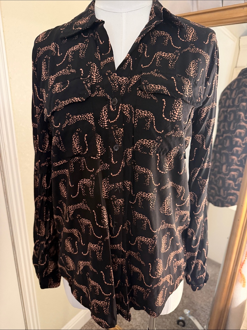Black Button-Front Novelty Print Shirt with Copper Leopard Print